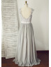 Gray Lace Chiffon Cap Sleeves Open Back Backless Prom Dress